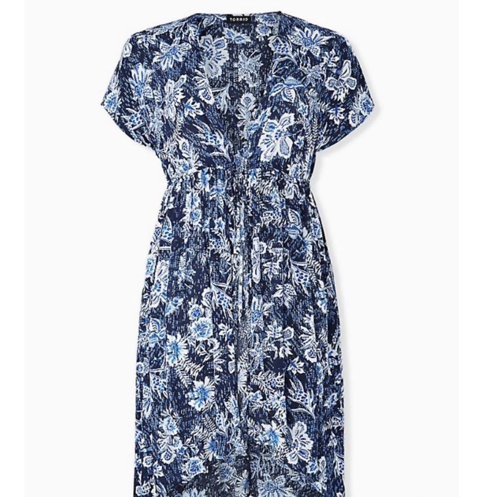 Blue tropical long tie front kimono